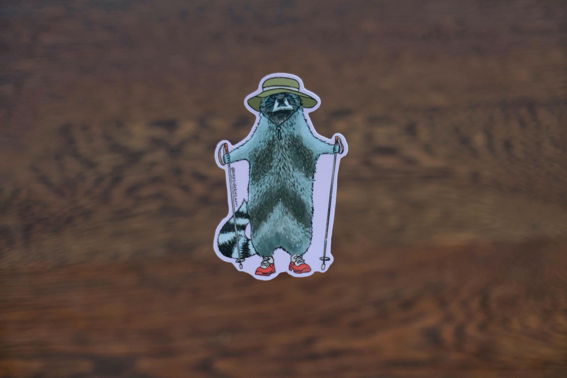 Hiking Raccoon Vinyl Sticker 3"